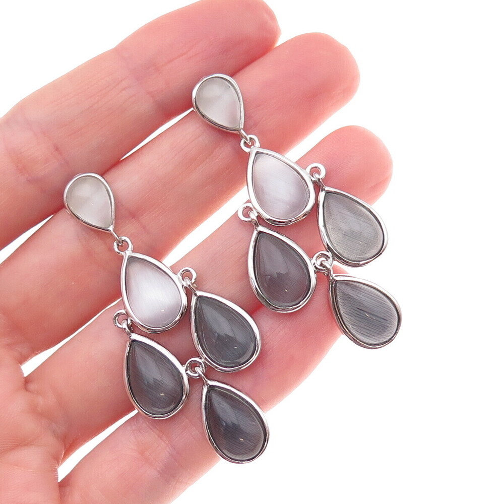 925 Sterling Silver Real Cat's Eye Teardrop Cluster Dangle Earrings